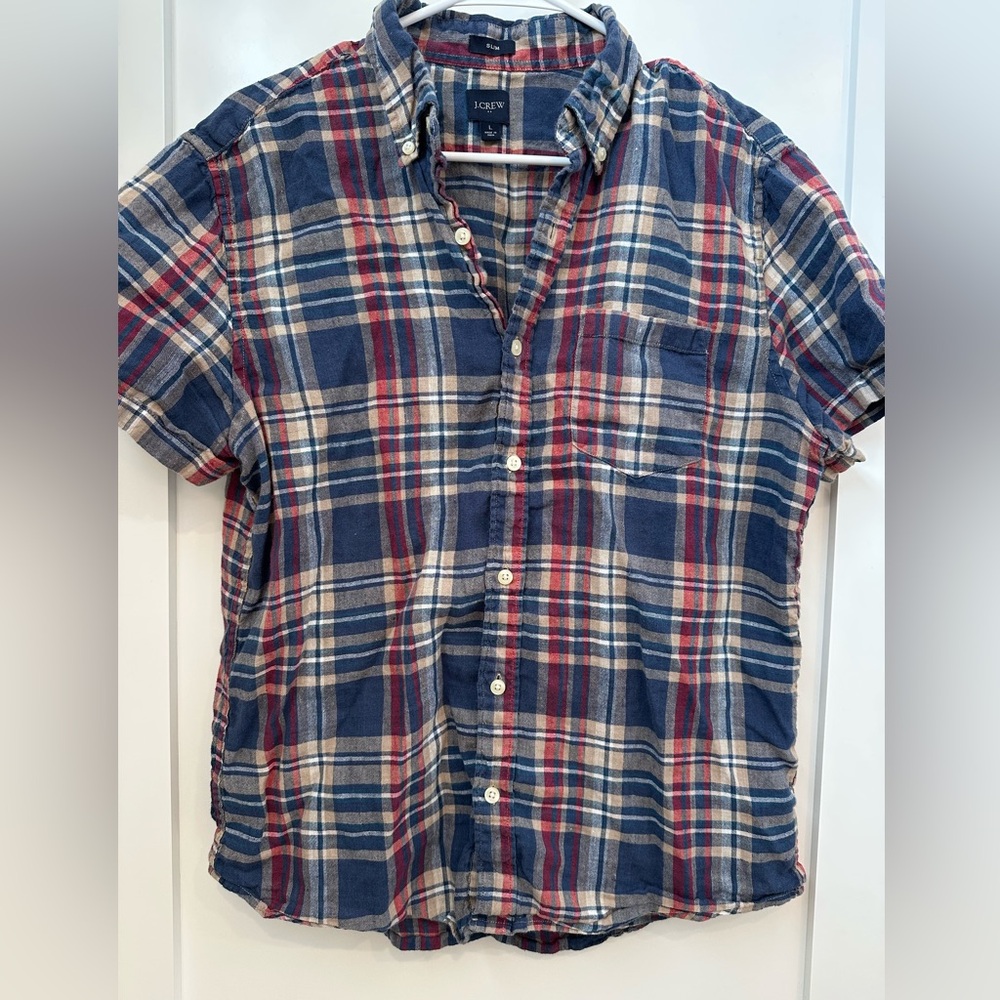 J. Crew Men's Casual Plaid Shirt - Navy and Burgundy